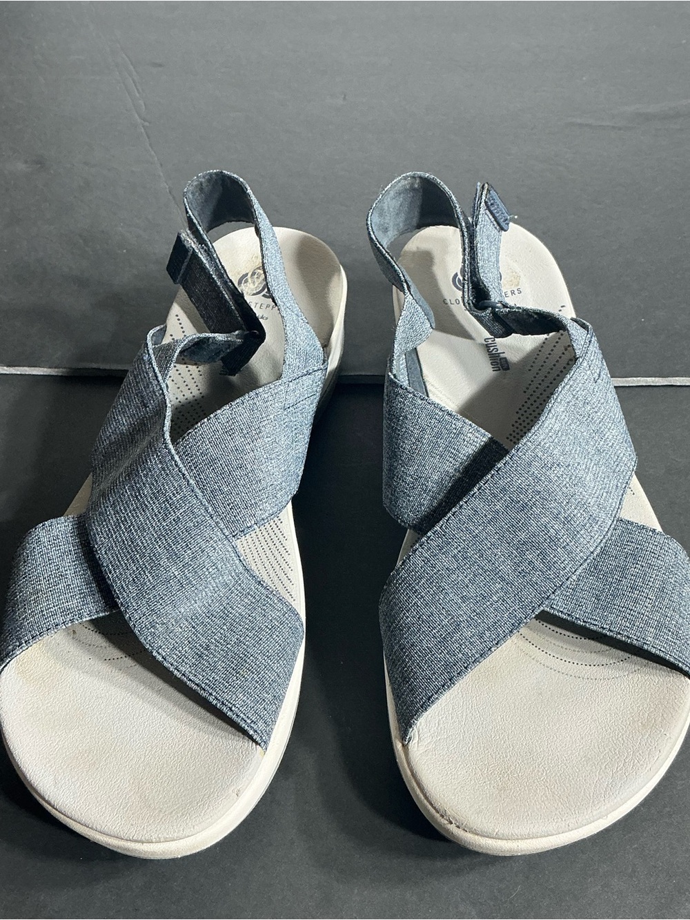 Clarks Denim-Style Crisscross Stretch Sandals in Light Blue